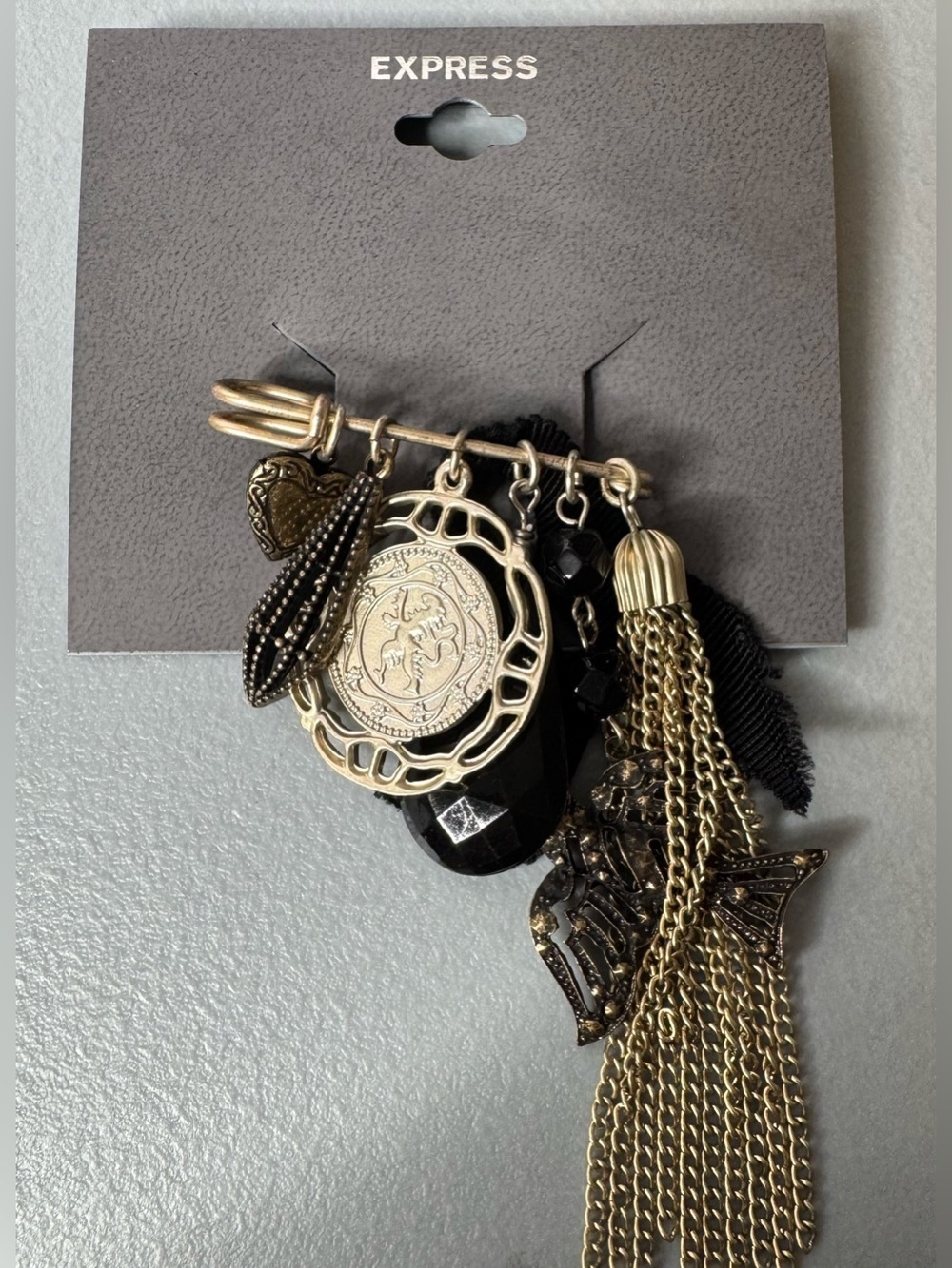 Express Gold-Tone Black Charm Cluster tassel Brooch goth academia Wednesday adam